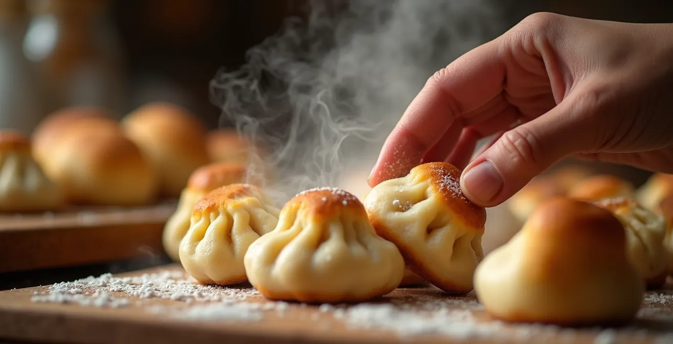 Traditionelle deutsche Semmelknödel, zubereitet aus altbackenem Brot in einer rustikalen Küchenatmosphäre.