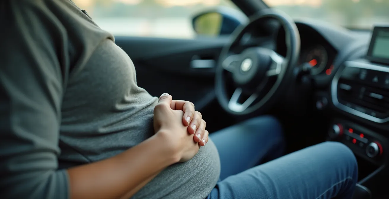 Nahaufnahme einer Hand auf dem Bauch während einer Atemübung im geparkten Auto