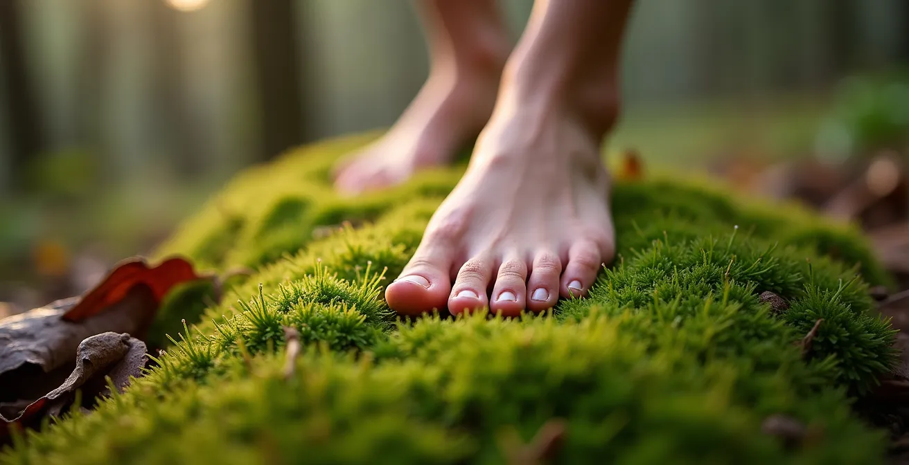 Nackte Füsse auf weichem Moosboden im Wald mit Fokus auf taktile Wahrnehmung