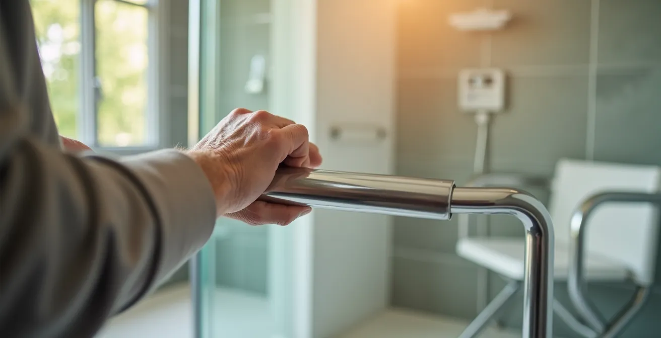 Barrierefreies Badezimmer mit bodengleicher Dusche und Haltegriffen, das Sicherheit und Komfort ausstrahlt.