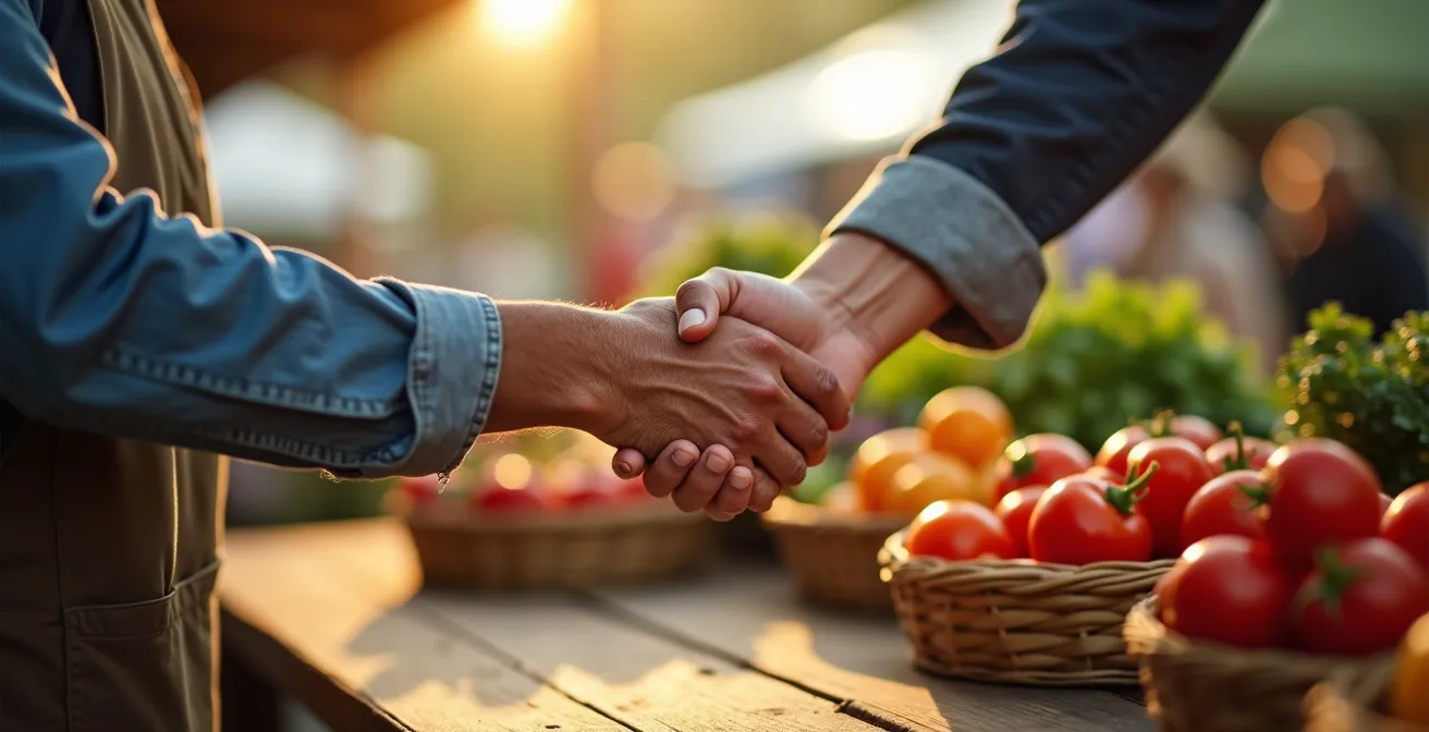Händedruck zwischen einem Bauern und einem Kunden am Marktstand, symbolisiert Vertrauen und direkte Beziehung