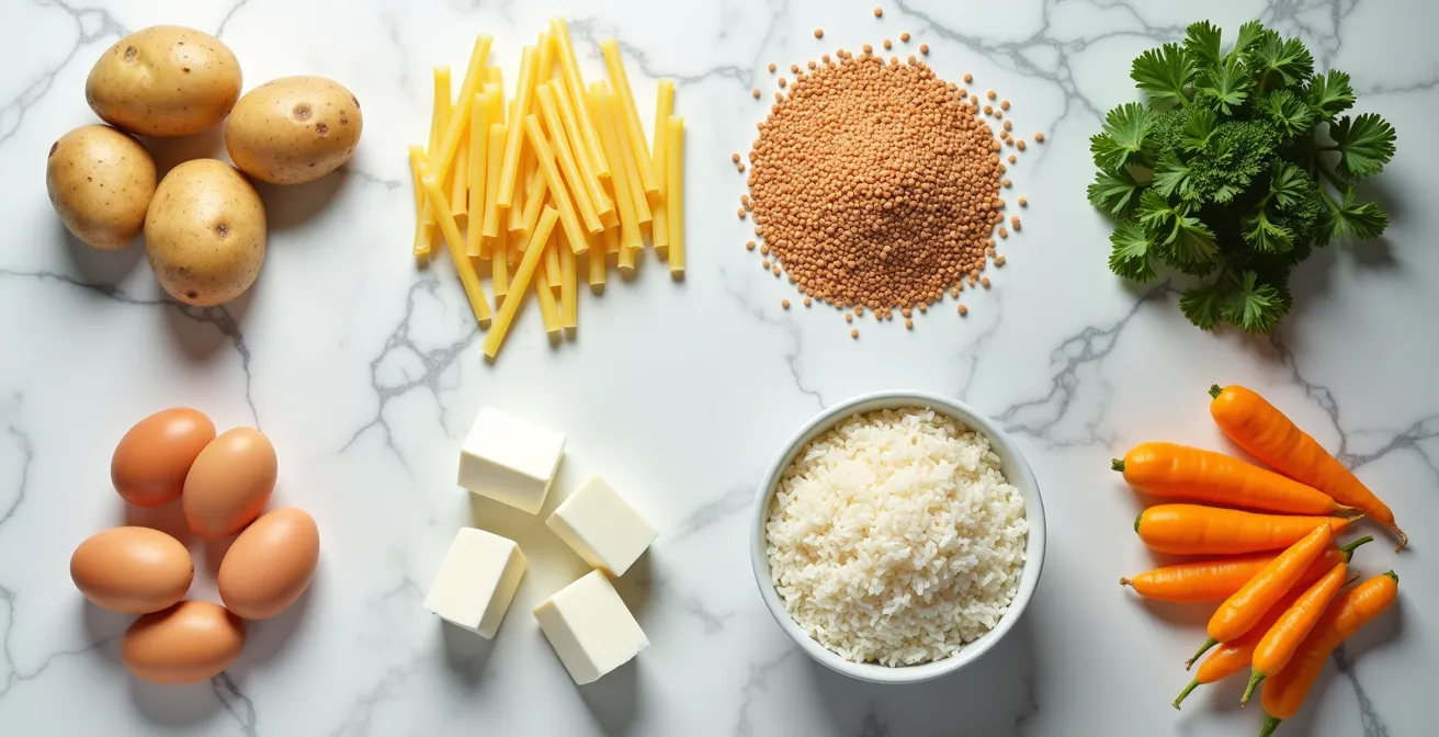 Kreatives Baukasten-System mit deutschen Grundzutaten wie Kartoffeln, Nudeln, Eiern und Gemüse, angeordnet in einem minimalistischen Flat Lay.
