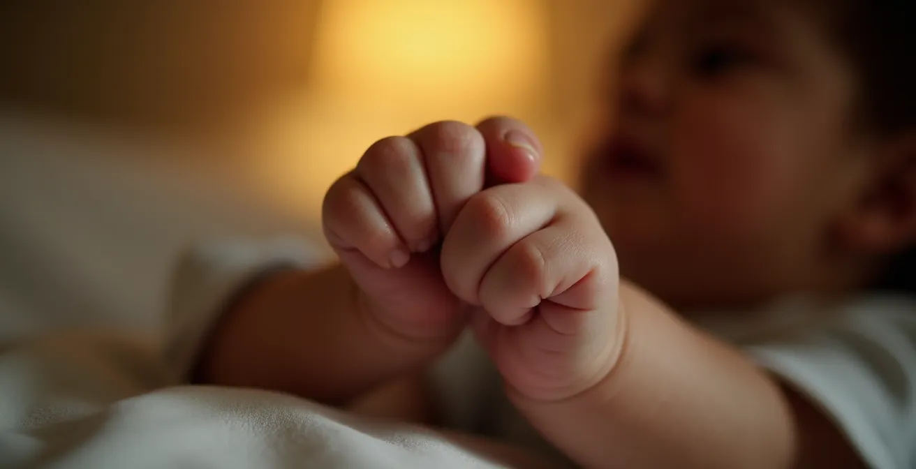 Elternteil beruhigt weinendes Baby in gedämpfter Abendbeleuchtung