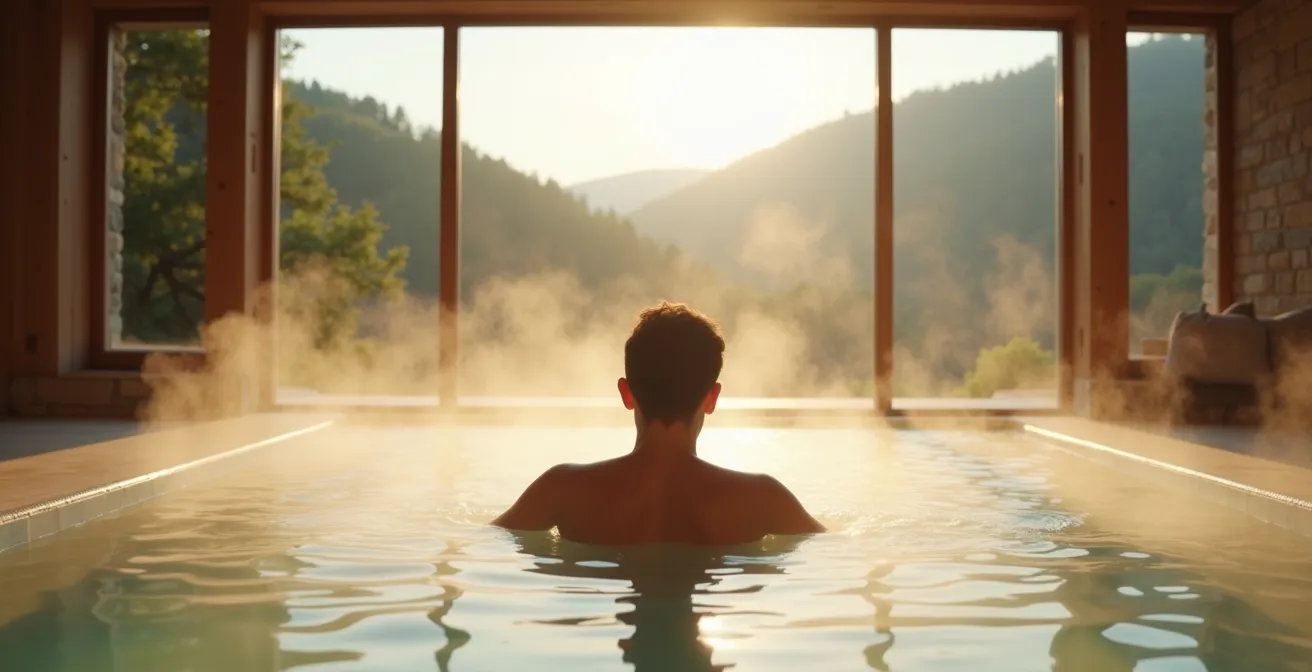 Weitwinkelaufnahme einer Person entspannt in einem Thermalbad mit Blick auf bewaldete Hügel