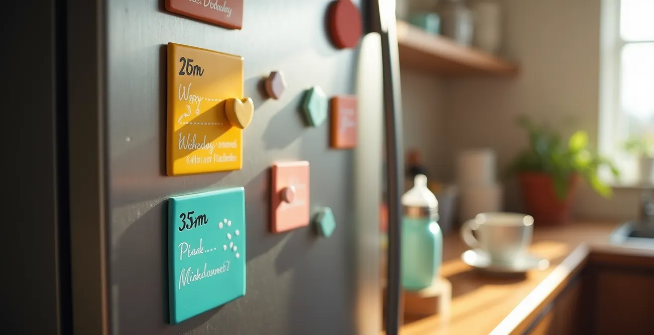 Visualisierung eines Eltern-Schichtplans mit bunten Magneten an einem Kühlschrank in einem Ferienhaus, der die Organisation im Familienurlaub symbolisiert.