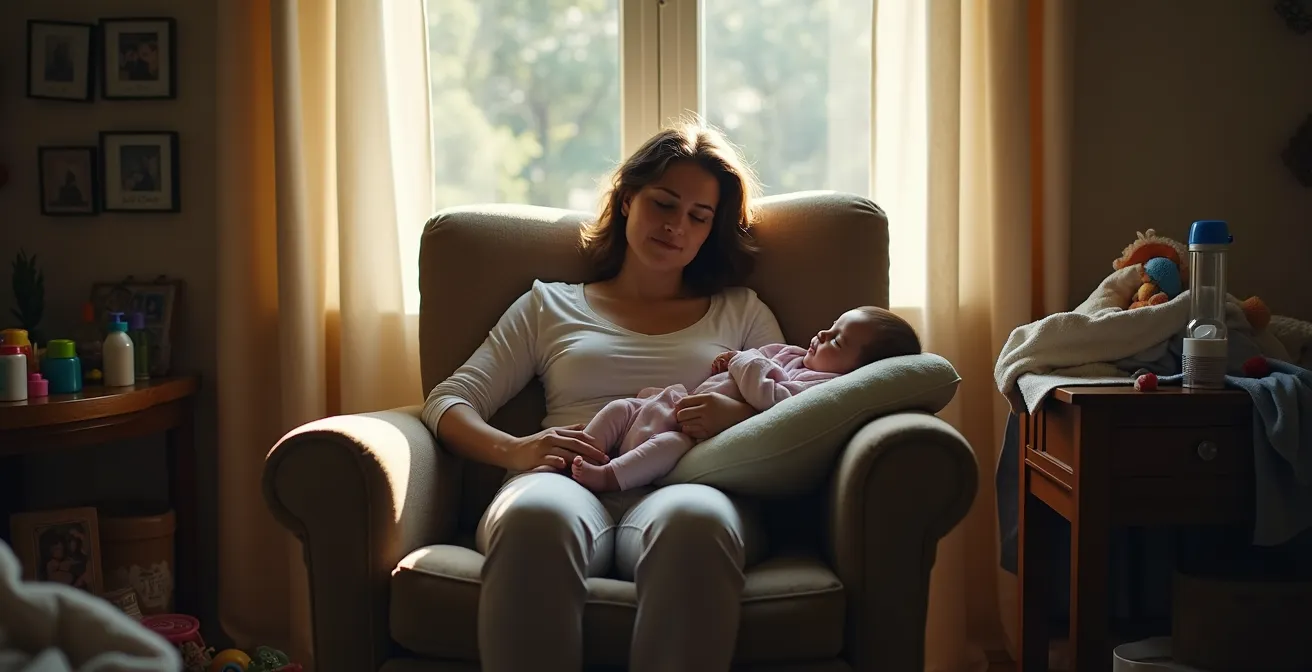 Eine erschöpfte Mutter macht eine kurze Pause in einer Stillposition im Wohnzimmer, die Augen geschlossen, während das Baby schläft