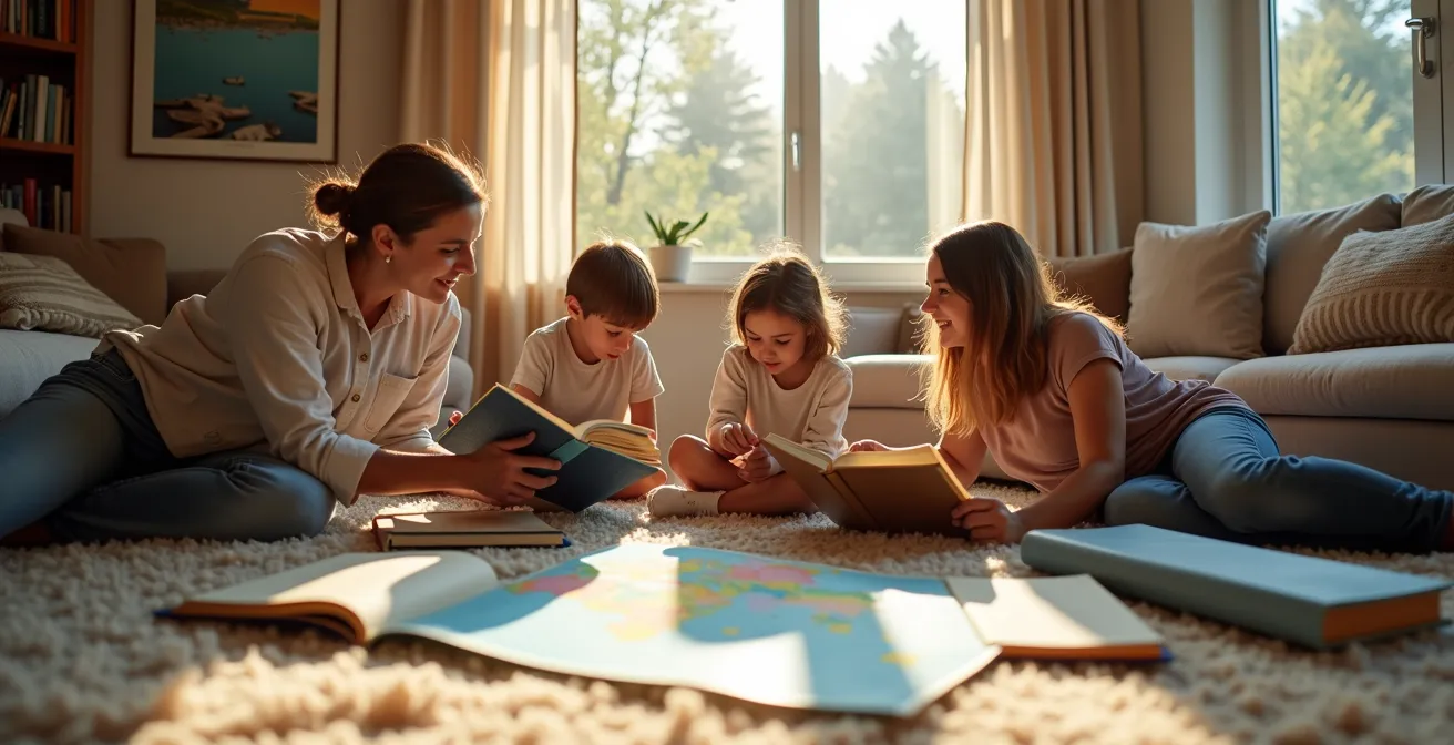 Gemütliche Wohnzimmerszene mit Familie beim gemeinsamen Lesen von Reisebüchern und Landkarten