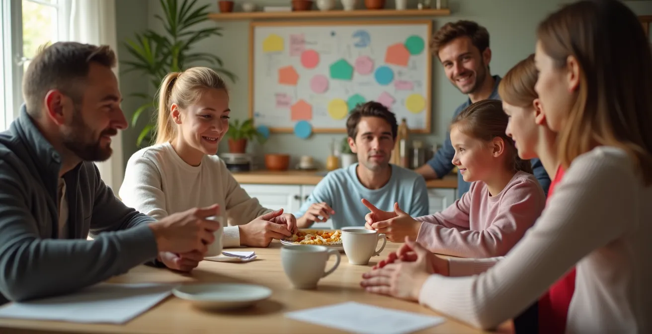 Eine deutsche Familie plant am Sonntagmorgen beim Frühstück entspannt die kommende Woche.