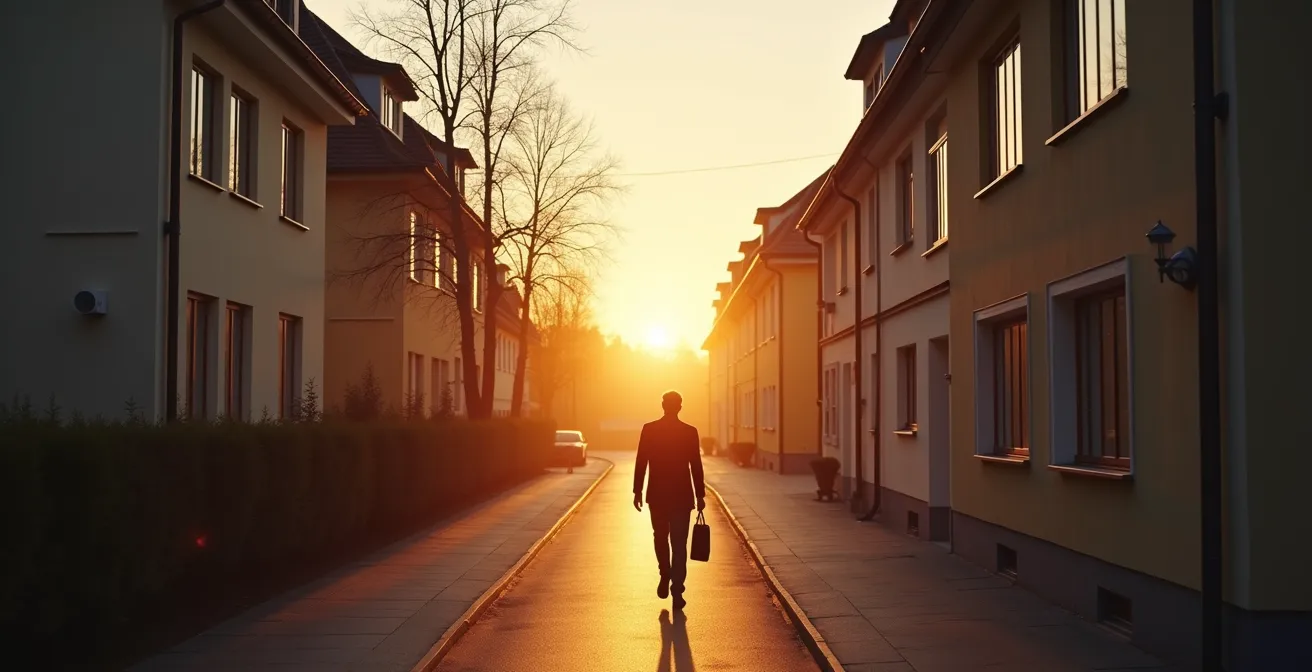 Berufstätiger verlässt das Haus für einen Feierabend-Spaziergang, um Arbeit und Privatleben zu trennen.