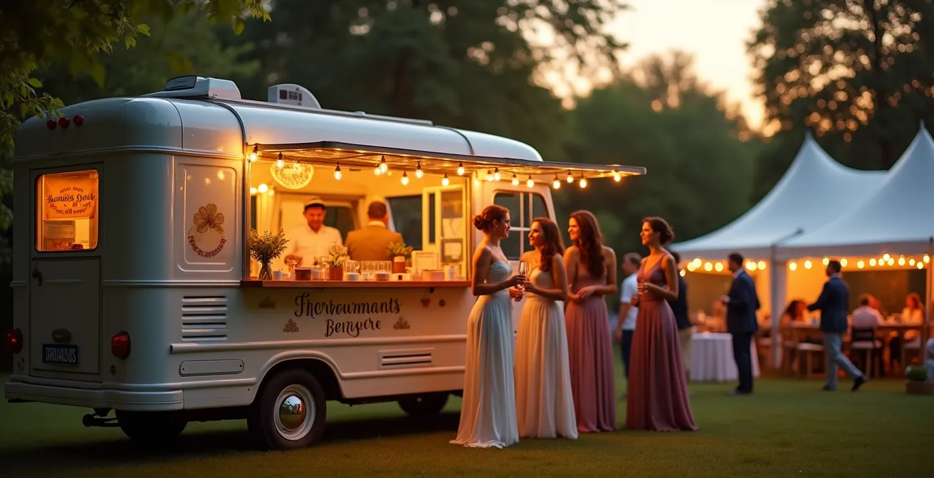 Vintage Food-Truck bei einer Gartenhochzeit mit wartenden Gästen in festlicher Kleidung