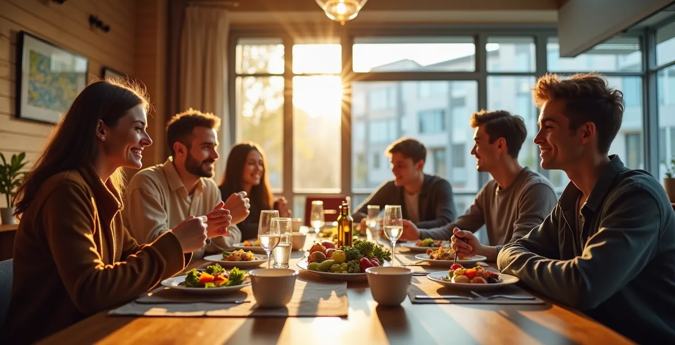 Geteilte Szene zeigt links Kinder beim Abendessen mit Gastfamilie und rechts Jugendliche auf internationalem Campus