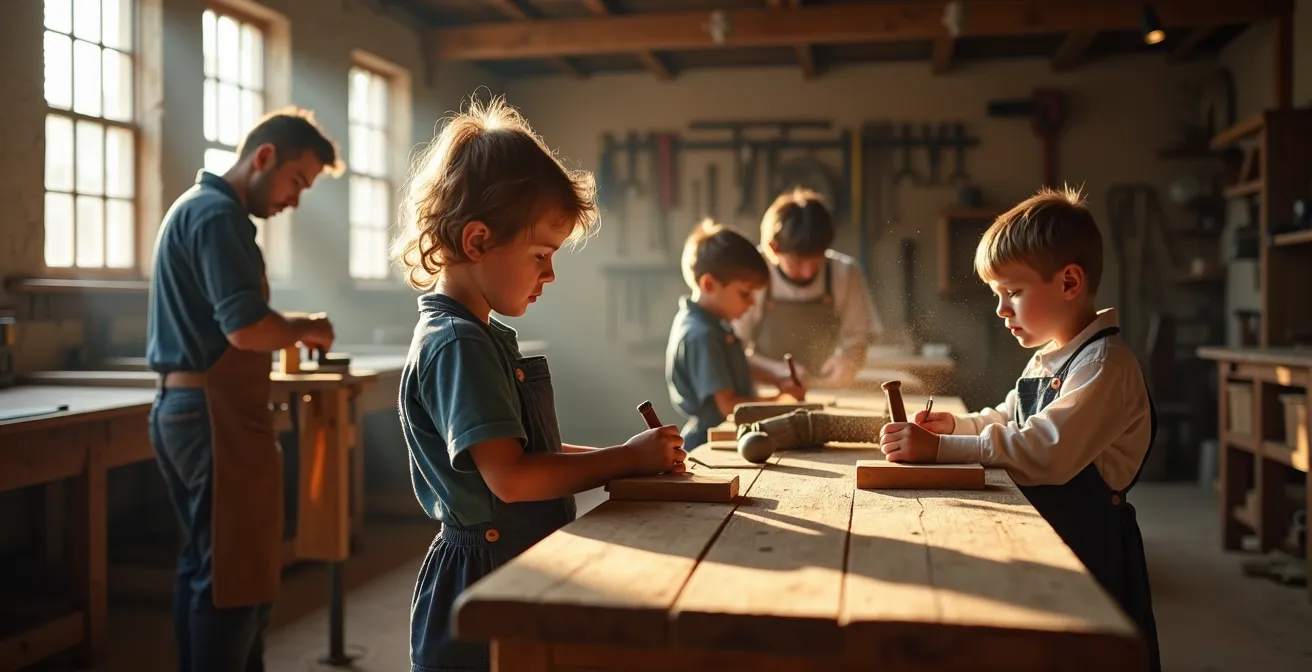 Kinder arbeiten mit traditionellen Werkzeugen in einer historischen Museumswerkstatt