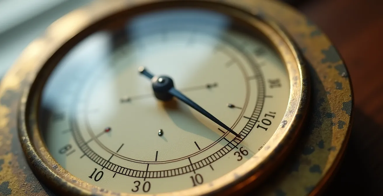 Nahaufnahme eines analogen Hygrometers, das einen gesunden Feuchtigkeitswert im Raum anzeigt.