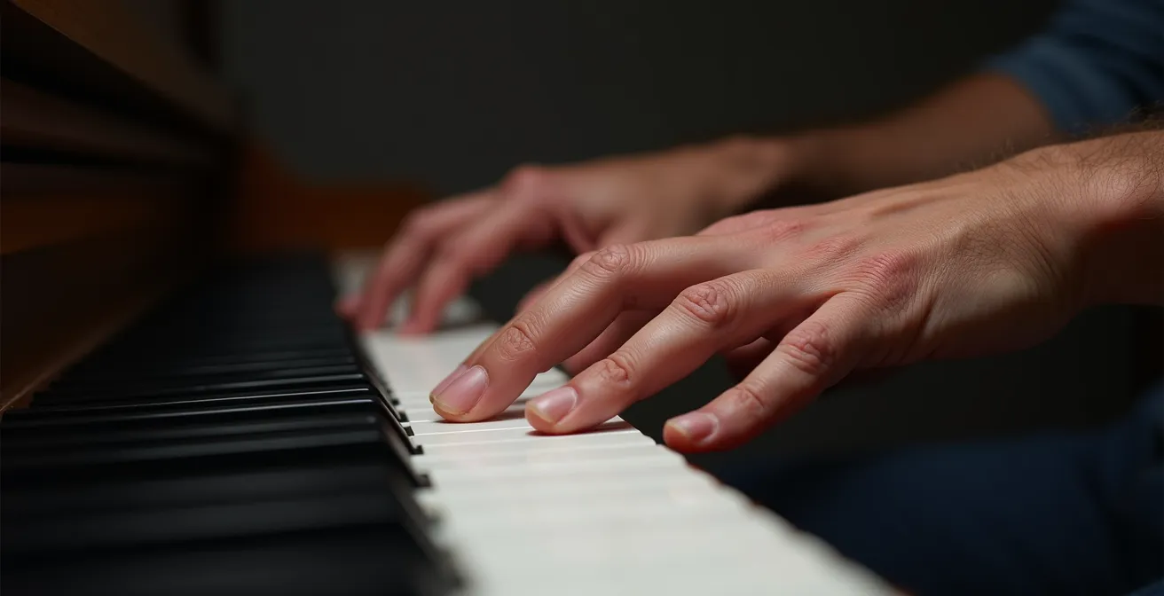 Nahaufnahme von Händen beim Erlernen eines Musikinstruments als Symbol für Neuroplastizität