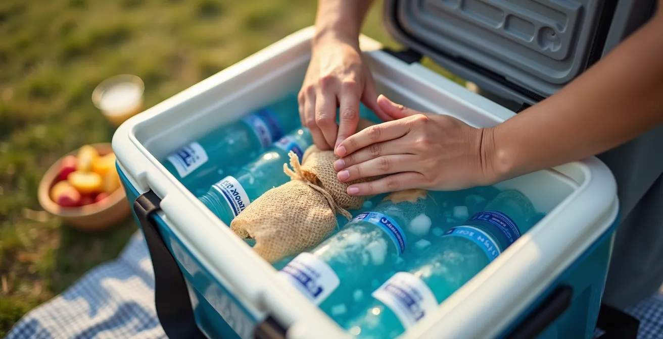 Gut organisierte Kühlbox mit gefrorenen Wasserflaschen als Kühlakkus