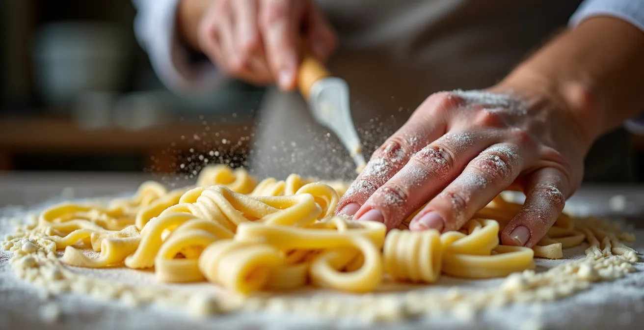 Hände formen traditionelle Spätzle in einer deutschen Küche