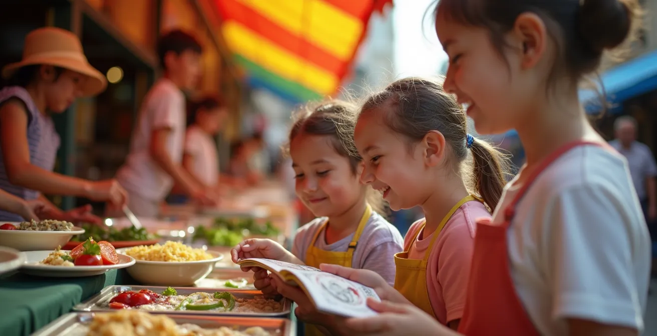 Kinder erkunden verschiedene Streetfood-Stände auf einem multikulturellen Markt