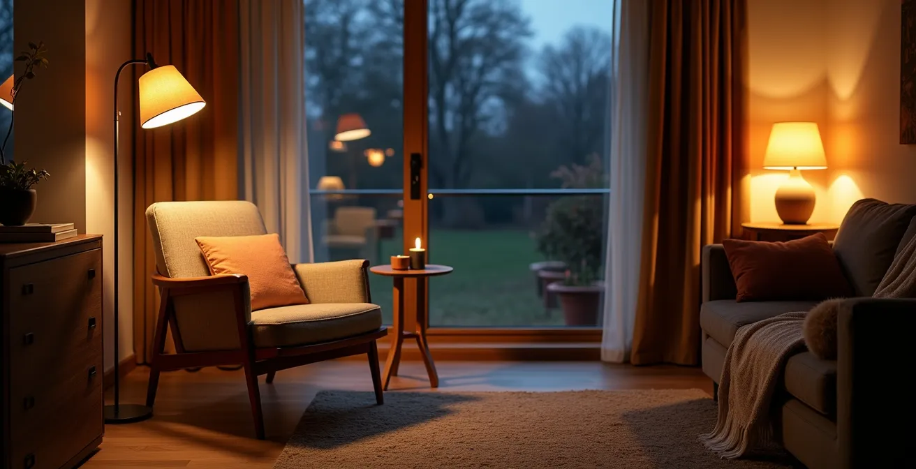 Wohnzimmer mit verschiedenen Lichtzonen und Stehlampen für gemütliche Atmosphäre