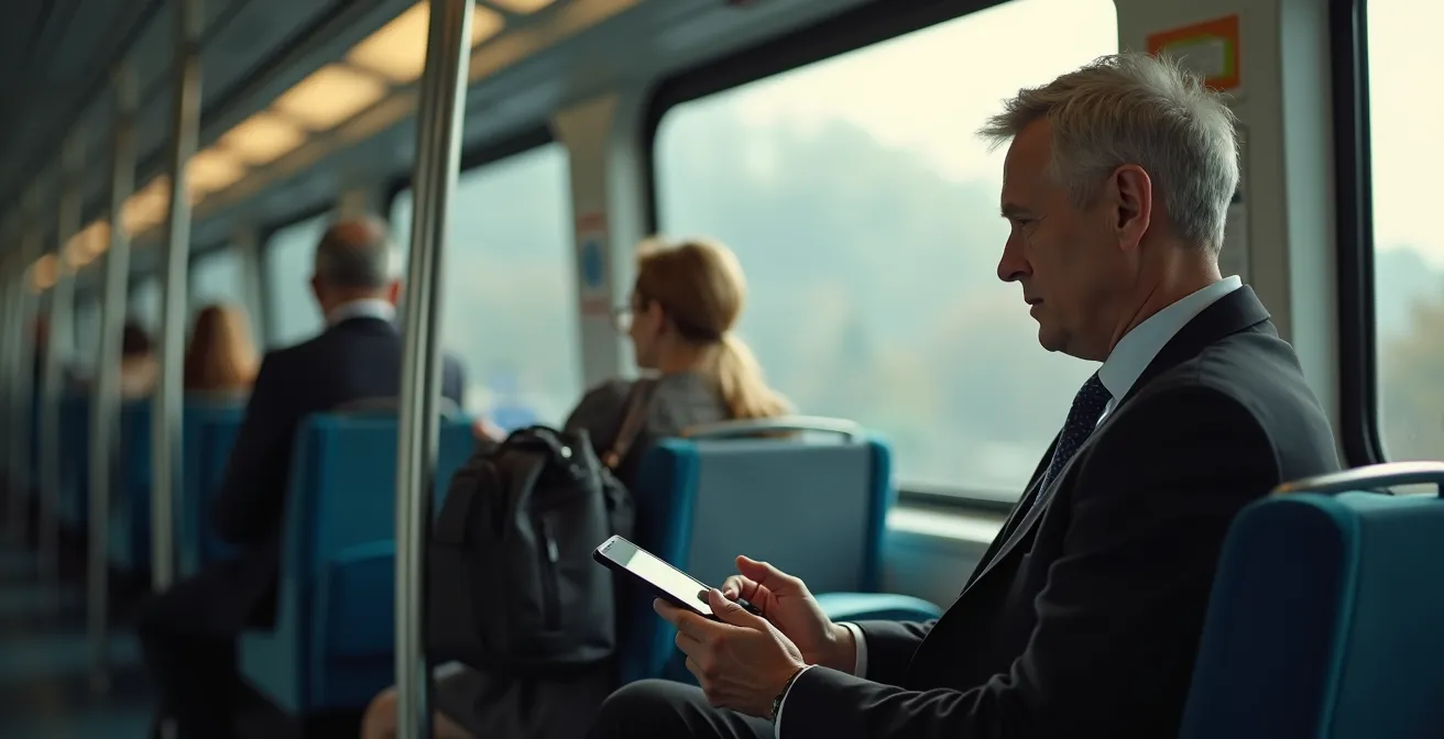 Berufspendler nutzt Smartphone für Micro-Learning in öffentlichen Verkehrsmitteln
