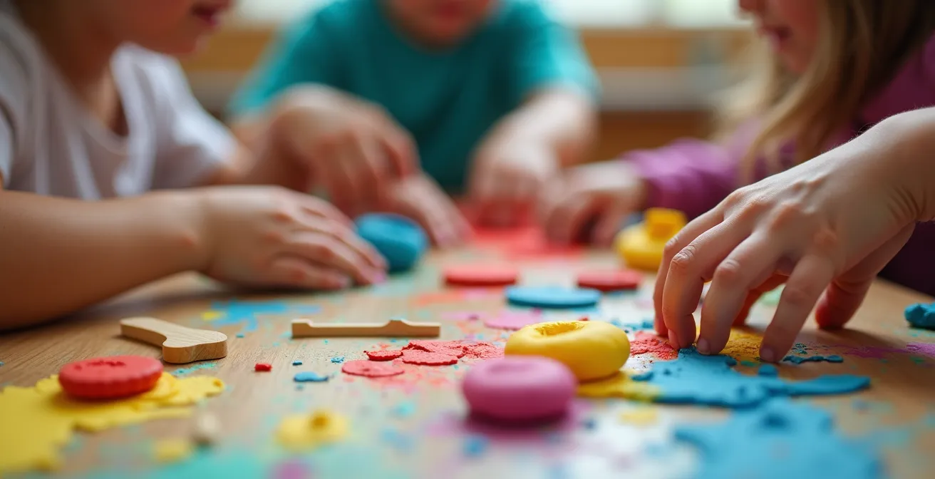 Kinder experimentieren in einer interaktiven Museumswerkstatt mit bunten Materialien