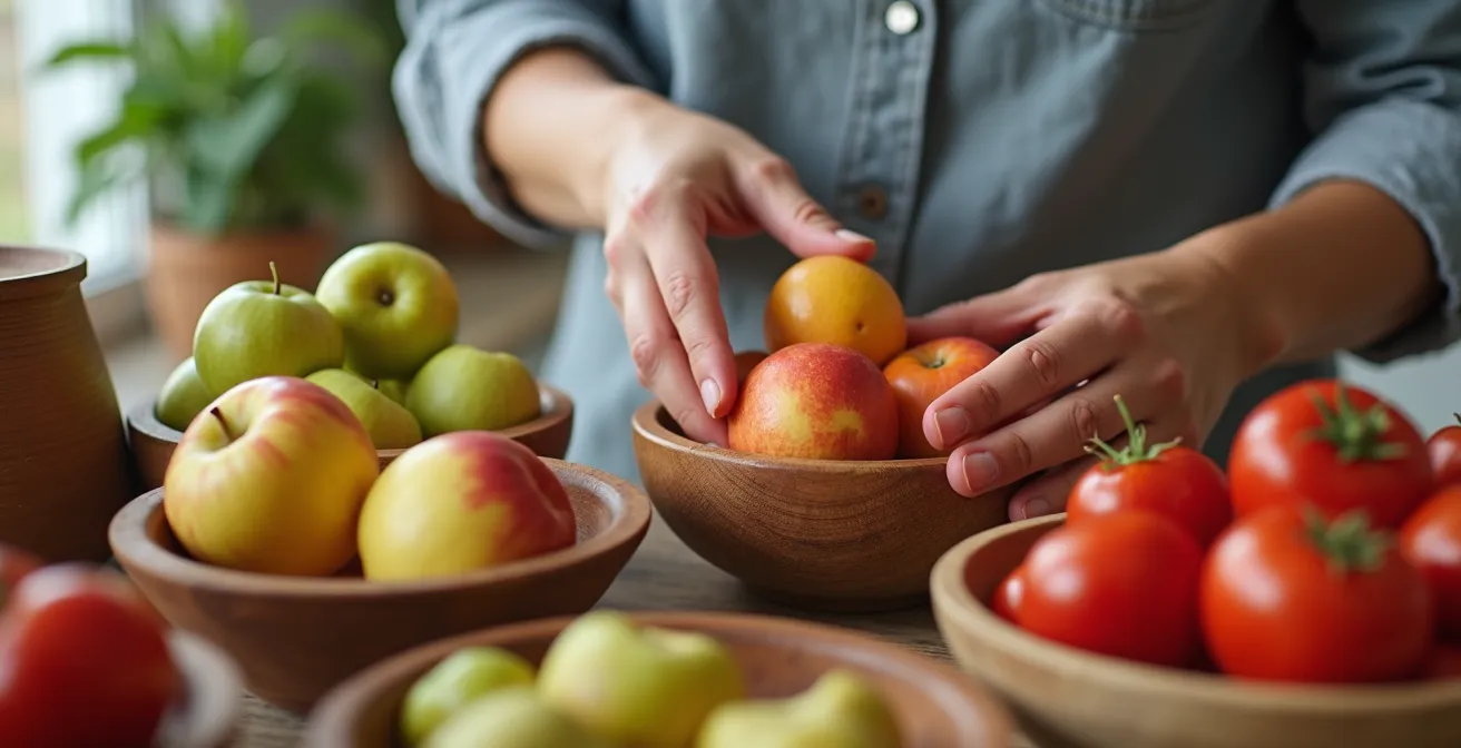 Hände, die sorgfältig Äpfel und Bananen in getrennten Schalen in einer hellen, organisierten deutschen Küche anordnen.
