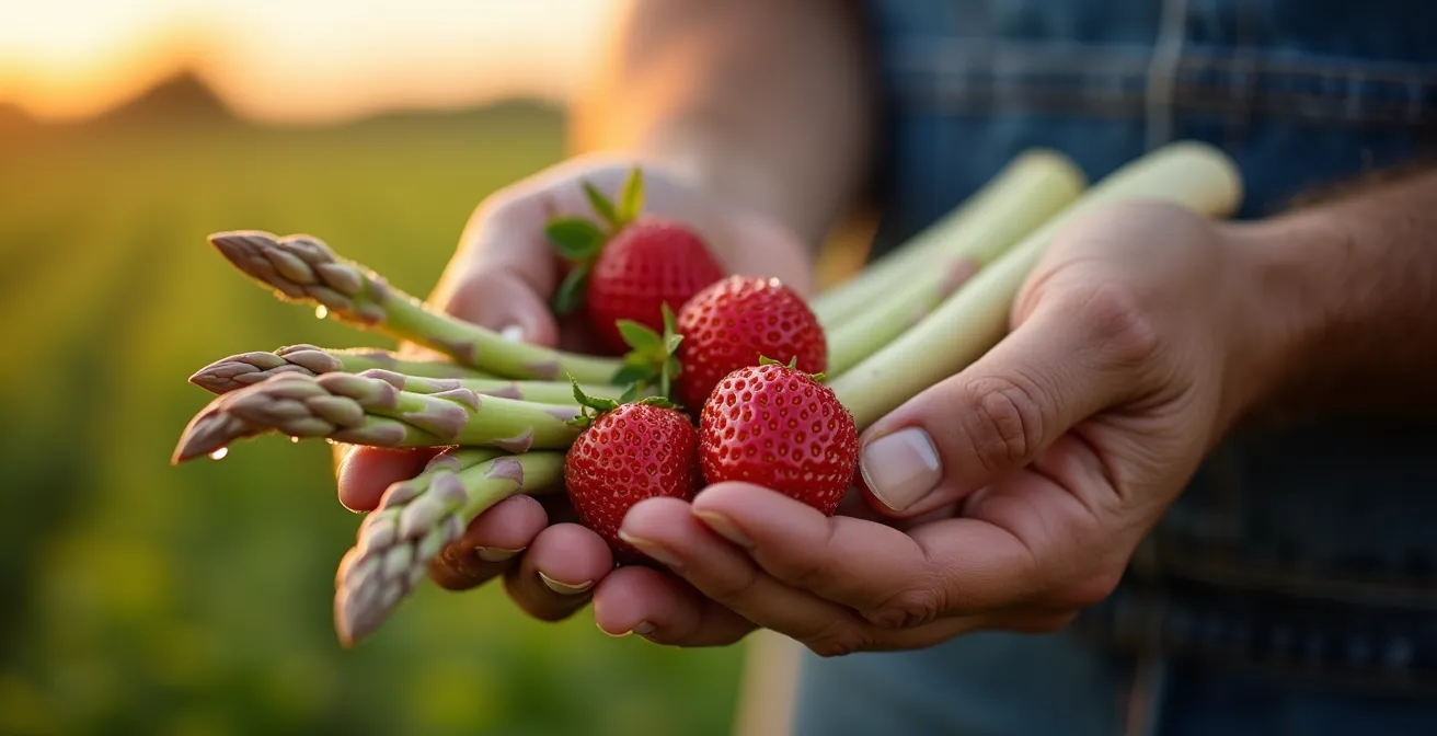Frischer weisser Spargel und reife Erdbeeren auf einem Marktstand
