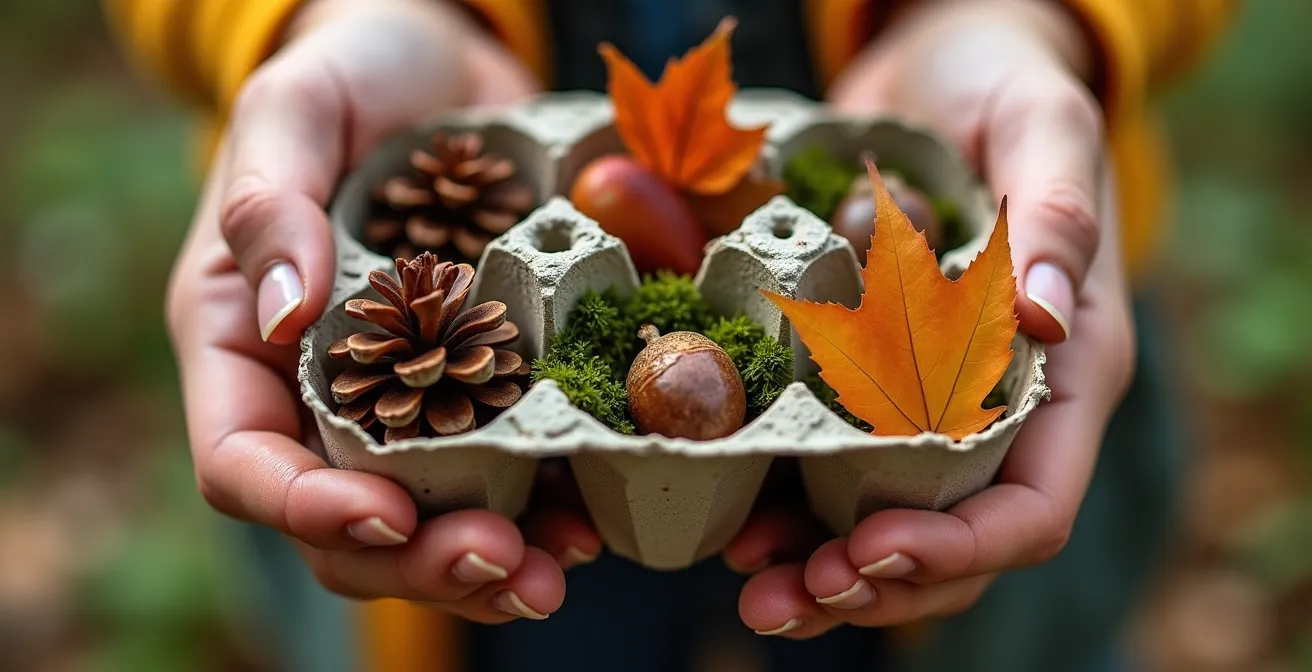 Kinder sammeln Naturmaterialien in einem Eierkarton während einer Waldschatzsuche