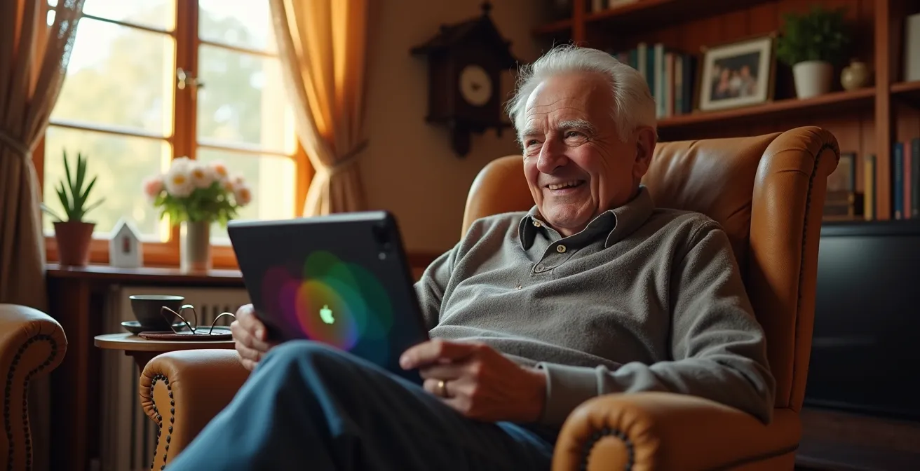 Grossvater nutzt intuitiv ein Tablet für ein Videogespräch mit seiner Enkelin in einem gemütlichen Wohnzimmer.
