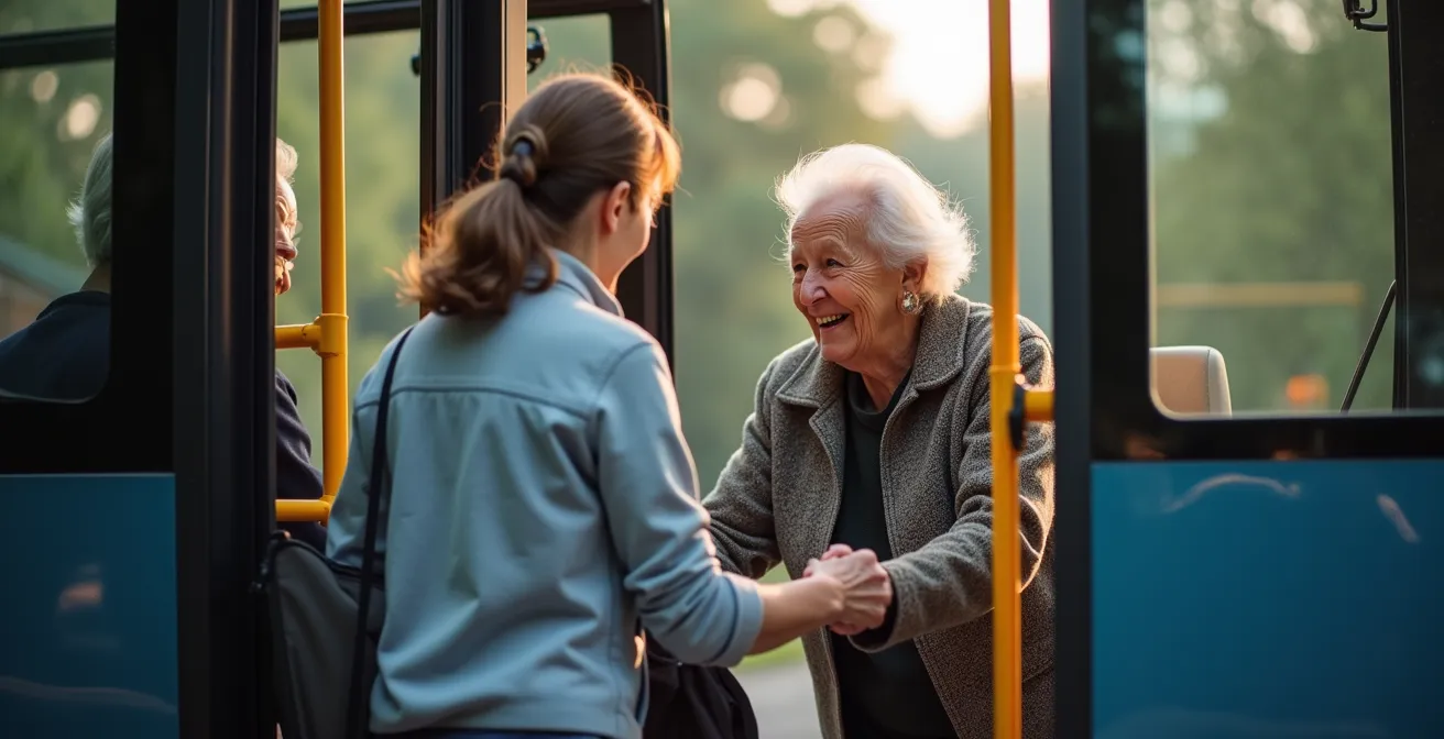 Barrierefreier Reisebus mit Seniorengruppe bei organisierter Deutschlandreise