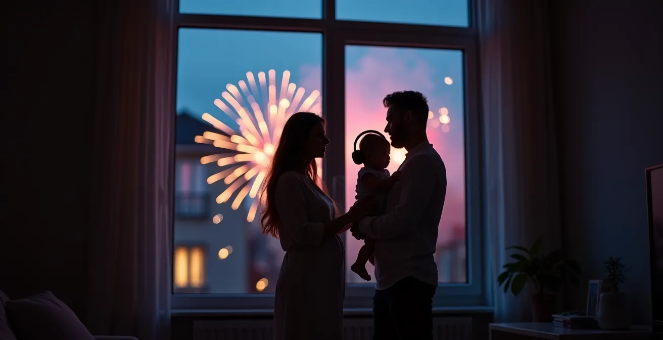 Baby mit schützendem Gehörschutz auf dem Arm eines Elternteils, das aus dem Fenster das Silvesterfeuerwerk beobachtet