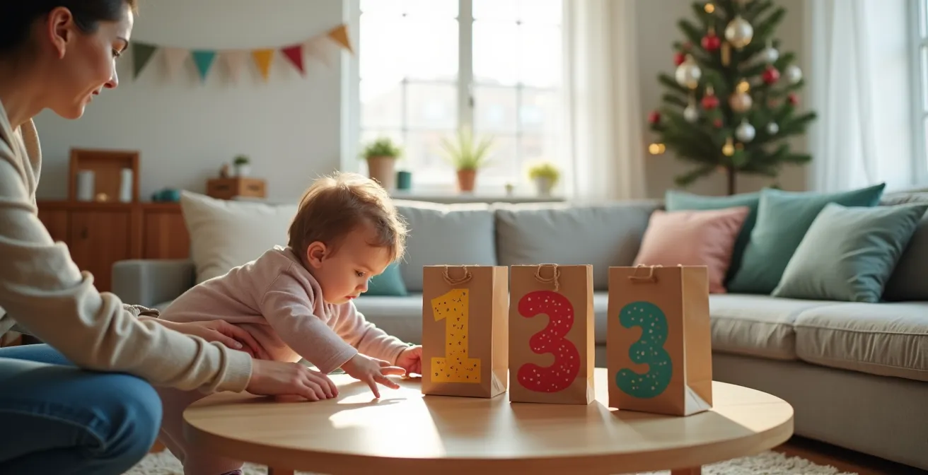 Kinder öffnen bunte Countdown-Tüten mit Überraschungen für jede Stunde bis Mitternacht