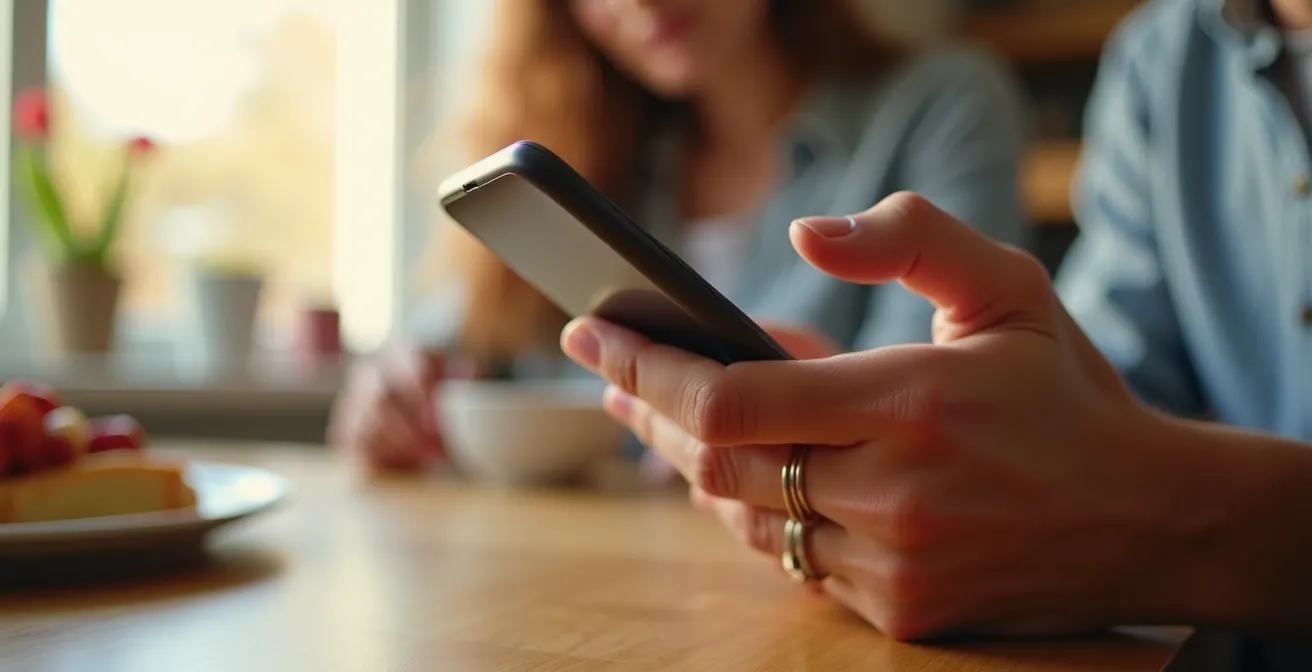 Hand mit Smartphone zeigt verschwommene Benachrichtigungen im Familienkontext