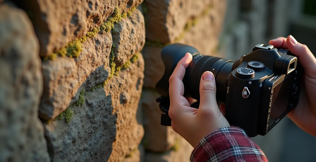 Jugendlicher fotografiert Burgmauer bei dramatischem Abendlicht
