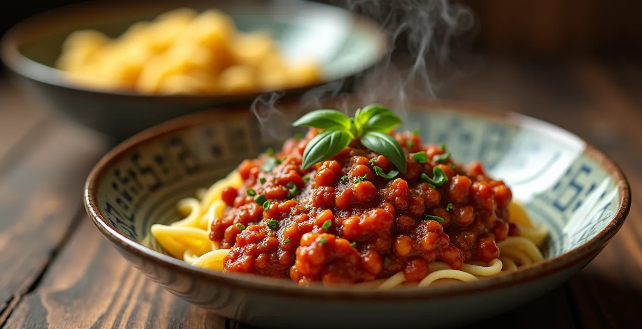 Appetitliche vegetarische Version deutscher Klassiker wie Linsenbolognese auf einem rustikalen Holztisch.
