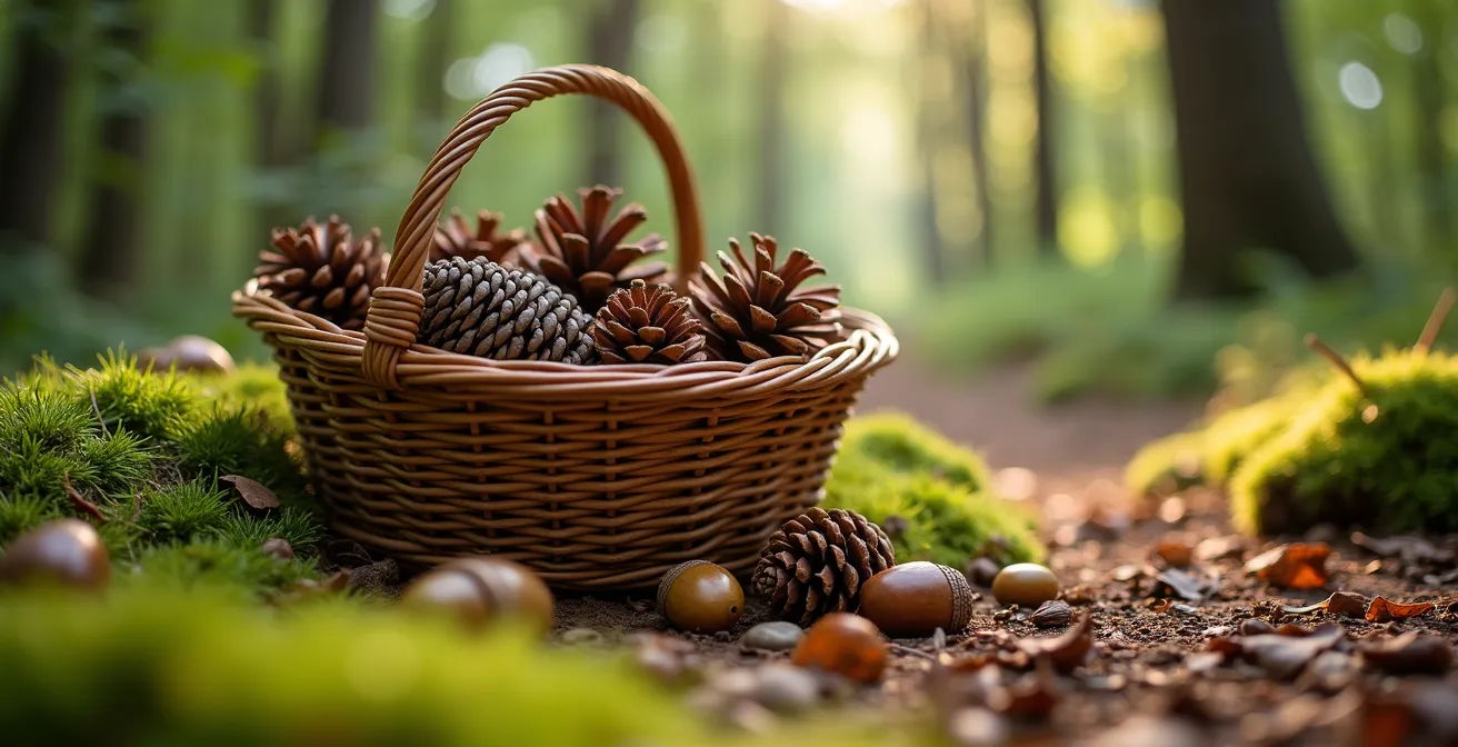 Korb mit legal gesammelten Naturmaterialien aus dem deutschen Wald
