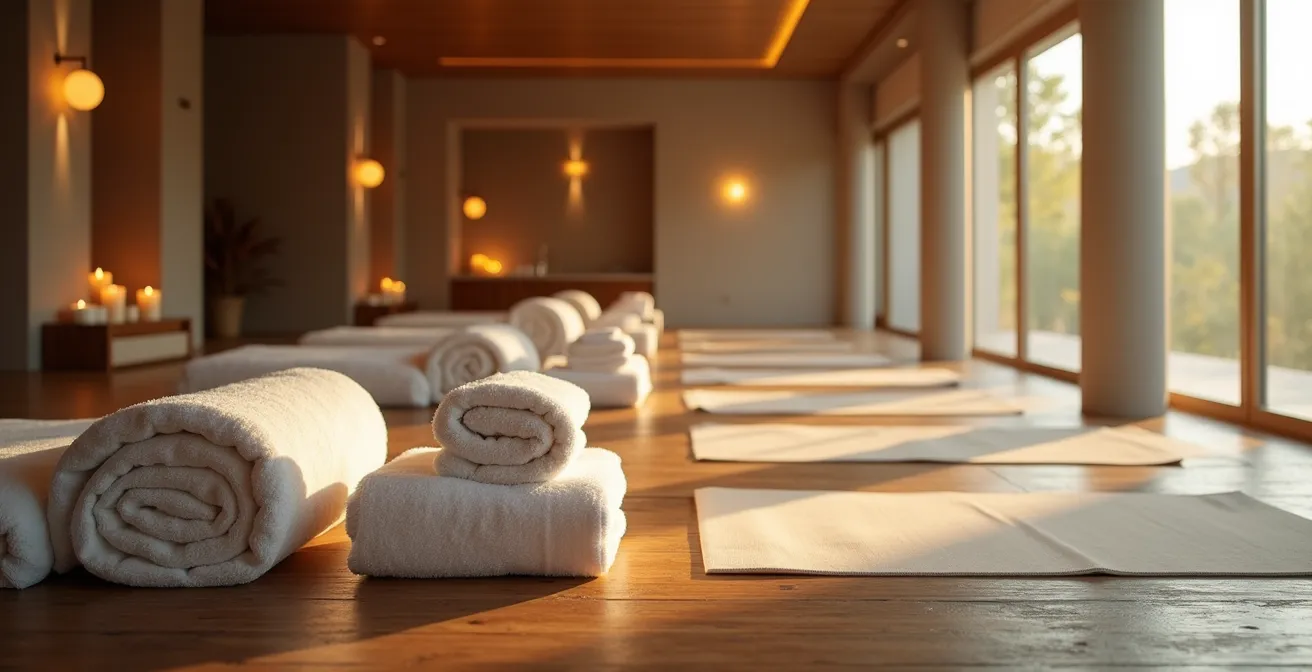 Visuelle Darstellung des Unterschieds zwischen einem luxuriösen Wellness-Urlaub und einem strukturierten Präventions-Yogakurs.
